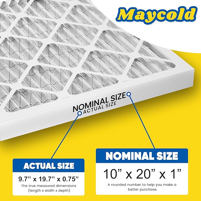 Maycold MERV 8 10x20x1 Furnace Air Filters (6-Pack), Pleated HVAC AC Filters – Actual Size 9.70” x 19.70” x 0.75”, For Residential or Office Use, Individually Wrapped in Plastic