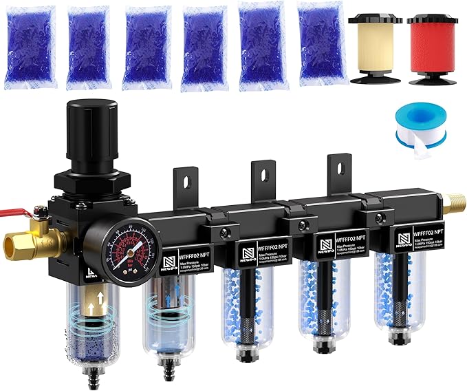 NEWPO 1/4'' NPT 5 Stage Air Dryer for Compressor,Air Compressor Water Separator System with 5＆0.01 Micron Filter Cartridge,Triple Desiccant Dryer Air Drying System, Metal Bowl Semi-Auto Drain (Black)