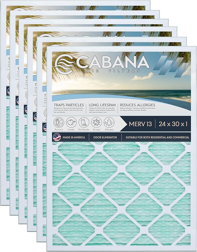 Cabana Filters 6-Pack 24x30x1 MERV 13 AC Furnace Air Filter for Home and Office - Indoor HVAC System Filtration Replacement, Captures Unwanted Particles