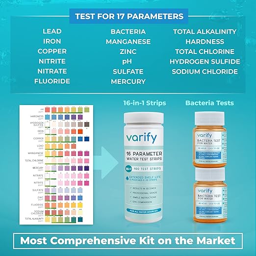Varify 17in1 Complete Drinking Water Test Kit - 100 Strips + 2 Bacteria Tester Kits - Well, Tap, Home, City Water Testing Strip for Lead, Alkaline, Chlorine, Hardness, Iron, Fluoride, Copper & More