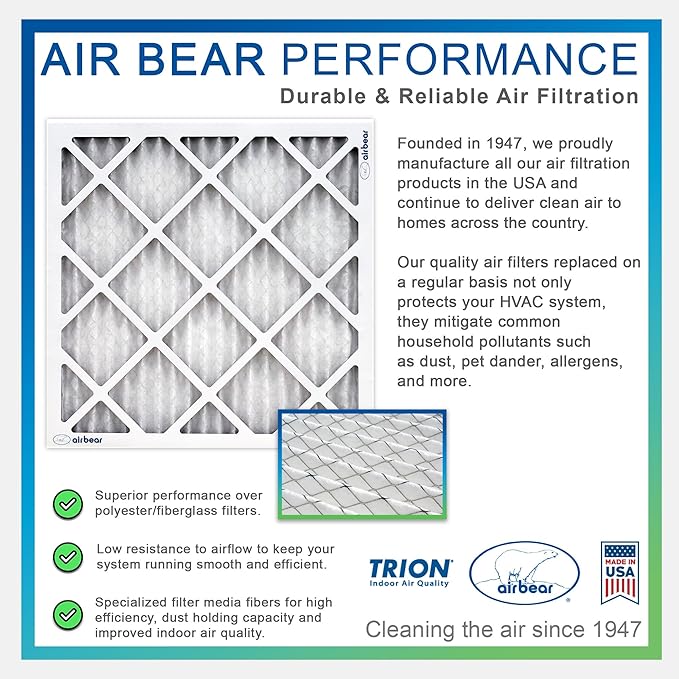 20x20x1 Air Filter MERV 8 (8-Pack) TRION Air Bear Pleated HVAC Air Filters Replacement (Actual Size: 19.50 x 19.50 x 0.75 Inches)