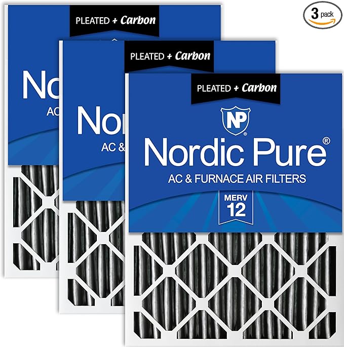 Nordic Pure 25x25x2 (Actual Size: 24 1/2 x 24 1/2 x 1 3/4) Furnace Air Filters MERV 12 Pleated Plus Carbon 3 Pack