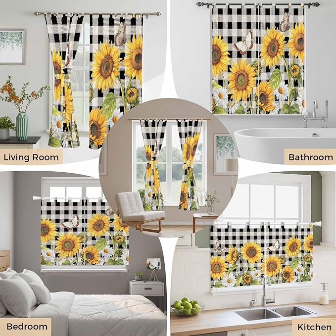 Sunflowers Kitchen Curtains 45 Inch Length, Short Cafe Window Curtains Tab Top, Yellow Flowers Butterfly Farmhouse Black Plaid Light Filtering Window Treatments Tier Drapes 27.5"x45" 2 Panel
