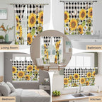 Sunflowers Bedroom Curtains 63 Inch Length, Window Curtains Tab Top, Yellow Flowers Butterfly Farmhouse Black Plaid Light Filtering Window Treatments Drapes 42"x63" 2 Panel