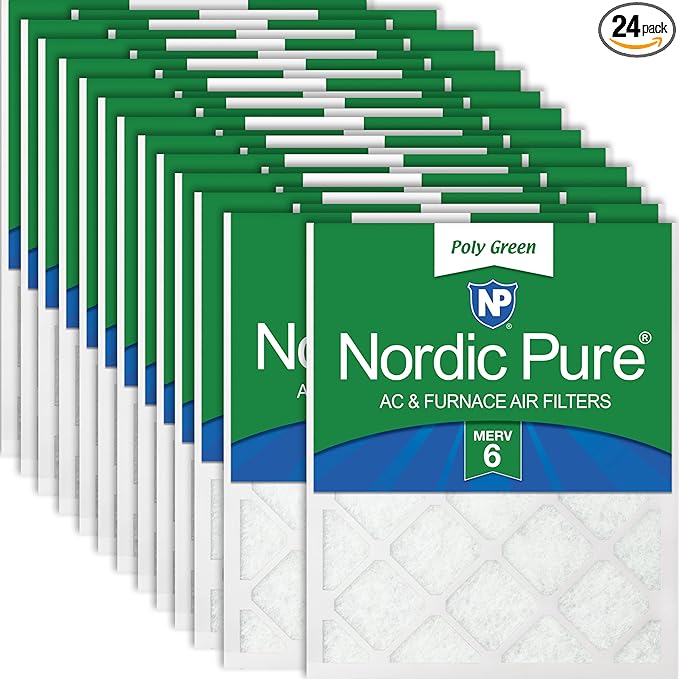 Nordic Pure 18x20x1 (Actual Size: 17 1/2 x 19 1/2 x 3/4) Poly Green MERV 6 AC Furnace Air Filters – Reduces Dust, Pollen, Pet Dander & Allergens – 24-Pack