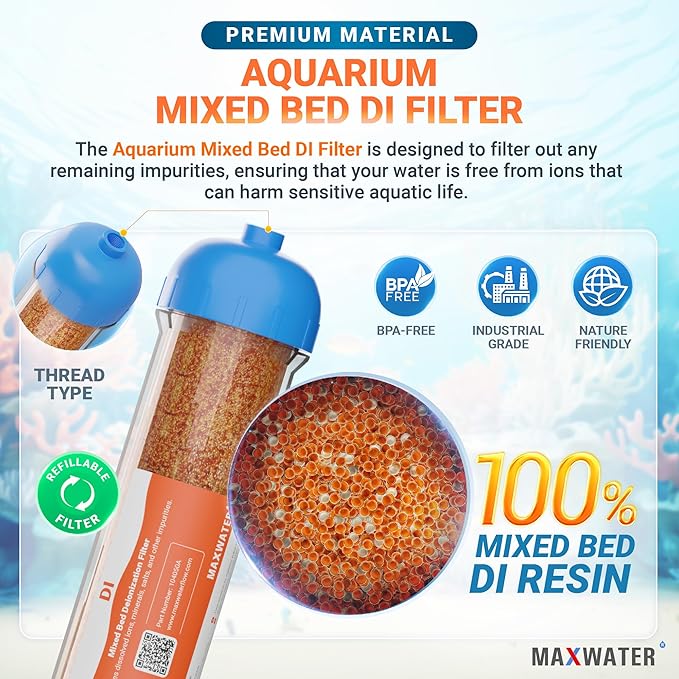 10" Refillable Mixed Bed Ion Exchange Aquarium Filter for High TDS Water, RO DI Resin Refillable Housing with Clamps &Fittings, Compatible with 10" Aquarium Reverse Osmosis Water Filtration Systems
