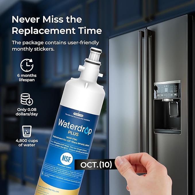 Waterdrop Plus WDP-F19C Replacement for GE® RPWFE®, RPWF (with CHIP) NSF 401 Refrigerator Water Filter, Compatible with WSG-4, GFE28GBLTS, GFE28GSKSS, PFE28KMKES, 3 Filters (Package May Vary)