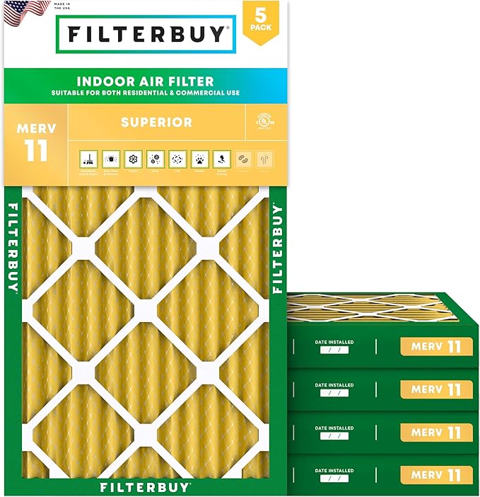Filterbuy 10x20x2 Air Filter MERV 11 Superior Pet & Allergy Defense (5-Pack), Electrostatic Pleated HVAC AC Furnace Filters Replacement, Made in USA (Actual Size: 9.50 x 19.50 x 1.75)