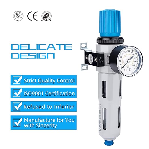 NANPU 1/4" NPT High Pressure Compressed Air Filter Regulator Water/Oil Trap Separator - Gauge(0-230 psi), Poly Bowl,Semi-Auto Drain, Bracket