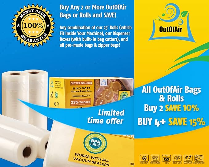 100 Vacuum Sealer Bags: Pint Size (6" x 10") by OutOfAir Works with FoodSaver & Other Machines - 33% Thicker BPA Free, Commercial Grade, 6 x 10 inches