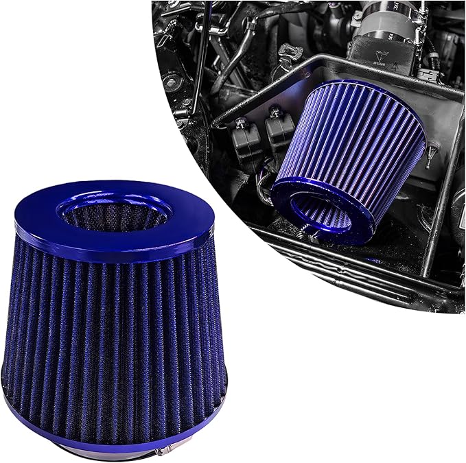 Sun Walker Clamp-on Air Intake Filter, 3/3.5/4 Inch High Flow Round Tapered Air Filter for Enhanced Engine Power, Washable & Reusable Cone Filters Replacement for Car Truck Motorcycle (Blue)