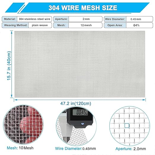 Stainless Steel Mesh Screen 10Mesh 304, 15.7" x 47.2" (40x120cm) Metal Mesh Screen, Rust Free Fine Wire Mesh Roll, Easy to Cur for Vent Mesh, Window Screen, Filters, Cage, Garden Covers