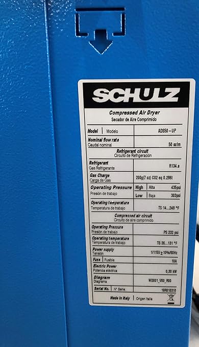 SCHULZ REFRIGERATED AIR DRYER FOR AIR COMPRESSOR, COMPRESSED AIR SYSTEMS, 50 CFM, GOOD FOR 10HP & 15HP COMPRESSORS (WITH PRE-FILTERS)