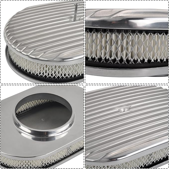 12" Air Cleaner Kit Polished Aluminum Classic Nostalgia Oval Fully Finned Compatible with Classic Chevy Ford 5-1/8” Carb Holley Edelbrock