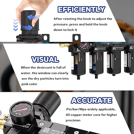 NEWPO 3/8" NPT 4 Stage Air Drying System,Particulate Filter, Coalescing Filter,Double Desiccant Dryers & Air Regulator,Semi-Auto Drain (Black)