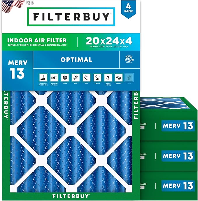 Filterbuy 20x24x4 Air Filter MERV 13 Optimal Smoke & Allergy Defense (4-Pack), Electrostatic Pleated HVAC AC Furnace Filters Replacement, Made in USA (Actual Size: 19.38 x 23.38 x 3.63)