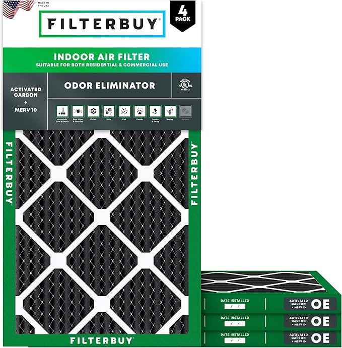 Filterbuy 18x30x1 Air Filter MERV 10 Odor & Allergy Defense with Activated Carbon (4-Pack), Electrostatic Pleated HVAC AC Furnace Filters Replacement, Made in USA (Actual Size: 17.75 x 29.75 x 0.75)