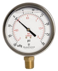 4" Oil Filled Vacuum Pressure Gauge - Stainless Steel Case, Brass, 1/2" NPT, Lower Mount Connection, 30HG/30PSI