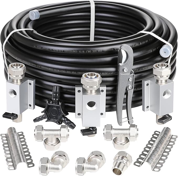 Hromee Compressed Air Piping System with 3/4 inch x 100 feet HDPE Tubing and Aluminum Outlet Blocks for Garage Connect Air Compressor Hose Accessories 37 Pieces