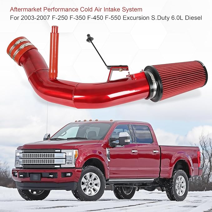 4 inch Cold Air Intake Kit Replacement For Ford F250 F350 F450 F550 Super Duty 2003 2004 2005 2006 2007 Excursion 6.0L V8 Diesel Red Color (2003-2007 Ford F250 F350 F450 6.0L)