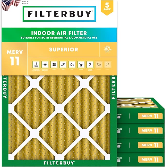 Filterbuy 18x24x2 Air Filter MERV 11 Superior Pet & Allergy Defense (5-Pack), Electrostatic Pleated HVAC AC Furnace Filters Replacement, Made in USA (Actual Size: 17.38 x 23.38 x 1.75)
