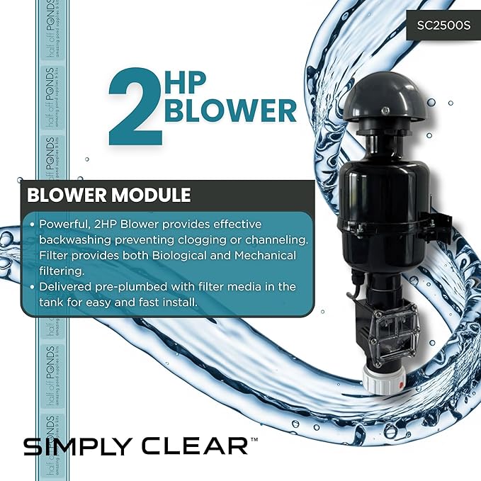 HALF OFF PONDS Simply Clear Koi Pond Filter System with 2HP Blower, UV Clarifier & 3,200 GPH Pump – Filters Ponds Up to 2,500 Gallons – Complete Kit with Bio Media, Multiport Valve, Gauge