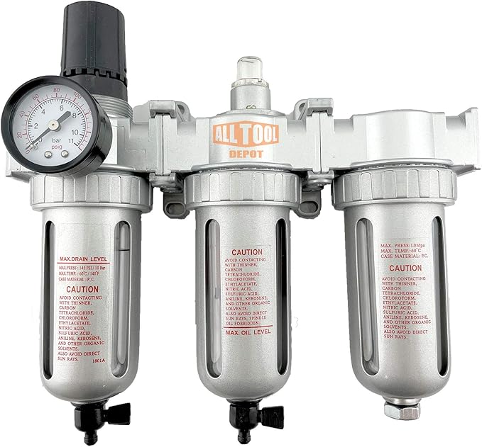 1/2" NPT Mid Flow Filter Regulator Coalescing Desiccant Dryer System For Compressed Air Lines, Poly Bowls, Great For Paint Spray And Plasma Cutter (MANUAL DRAIN)