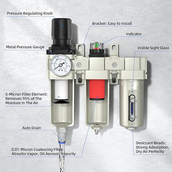 3/4" NPT Air Compressor Water Separator, Industrial Grade 3 Stage Air Drying System with 0-240 PSI Air Regulator, Particulate Filter, Coalescing Filter, Desiccant Dryer, Metal Bowl, Auto Drain