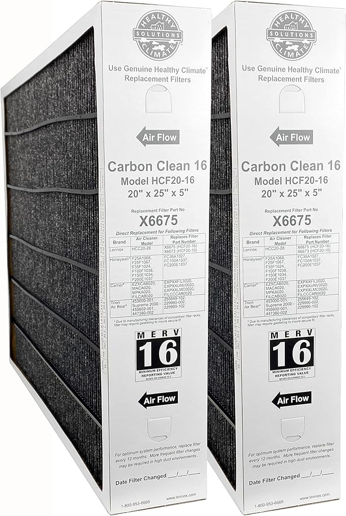 Lennox X6675 (2-Pack) Carbon Clean 20 x 25 x 5 Inch MERV 16 Efficient Air Filter Replacement for Healthy Climate Air Purifier Cleaner Purification Systems