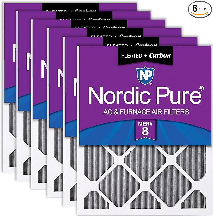 Nordic Pure 24x24x1 (Actual Size: 23 3/8 x 23 3/8 x 3/4) Furnace Air Filters MERV 8 Pleated Plus Carbon 6 Pack