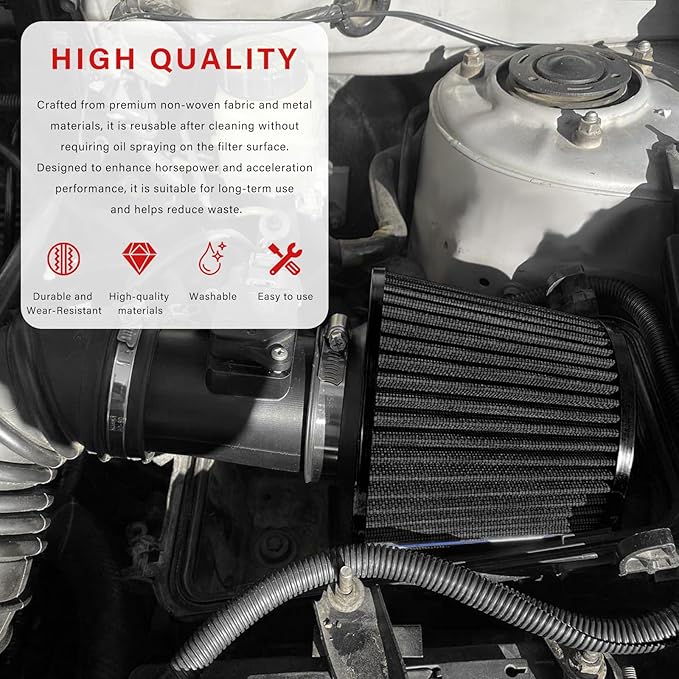 Sun Walker Clamp-on Air Intake Filter, 3/3.5/4 Inch High Flow Round Tapered Air Filter for Enhanced Engine Power, Washable & Reusable Cone Filters Replacement for Car Truck Motorcycle (Black)