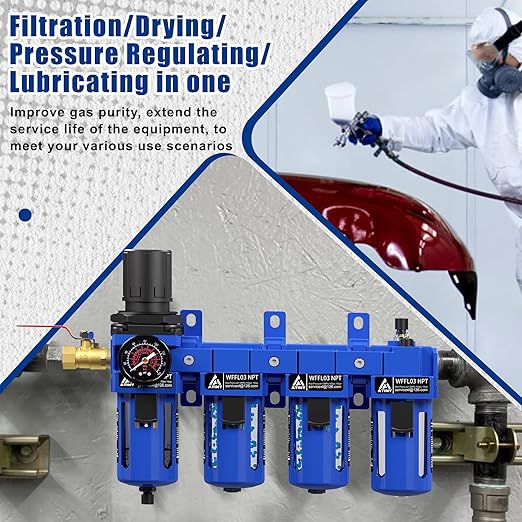 3/8" NPT Compressed Air Filter Regulator Lubricator Combo,Air Compressor Dryer Oil Water Separator,Brass Cartridge with Double Desiccant - Gauge(0-150 psi), Poly Bowl, Semi-Auto Drain, Bracket