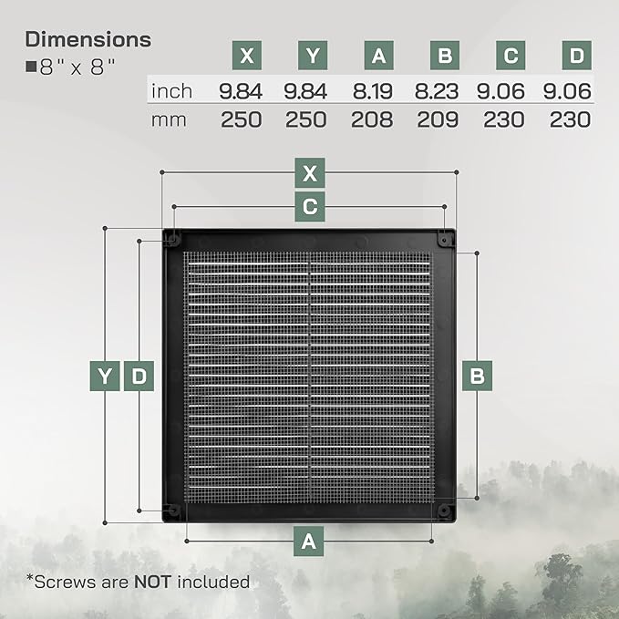 Vent Systems 8" x 8" Inch (Opening Dimensions) - Pack of 2 - Black Plastic Soffit Vent Cover - Durable Square Air Vent Grille with Mesh Screen - Ventilation Grill Wall, Ceiling Indoor, Outdoor