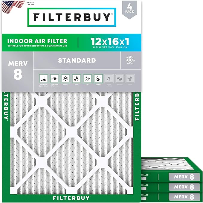 Filterbuy 12x16x1 Air Filter MERV 8 Essential Dust & Allergy Defense (4-Pack), Electrostatic Pleated HVAC AC Furnace Filters Replacement, Made in USA (Actual Size: 11.50 x 15.50 x 0.75)