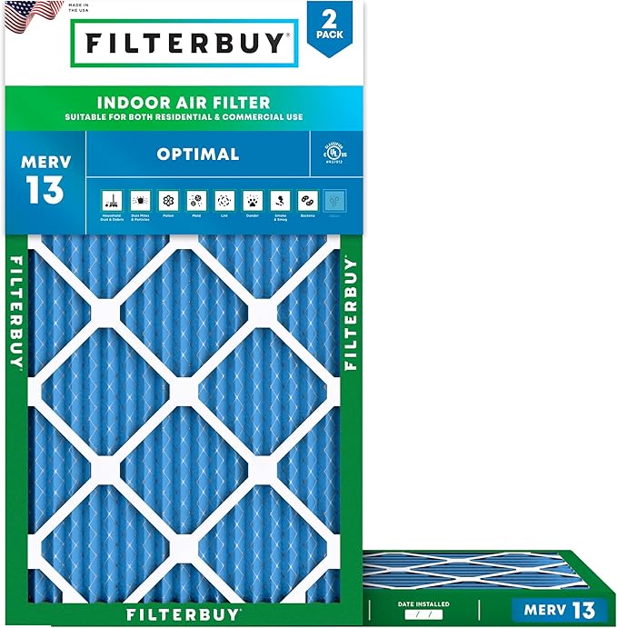 Filterbuy 11.5x29.5x1 Air Filter MERV 13 Optimal Smoke & Allergy Defense (2-Pack), Electrostatic Pleated HVAC AC Furnace Filters Replacement, Made in USA (Actual Size: 11.50 x 29.50 x 0.75)