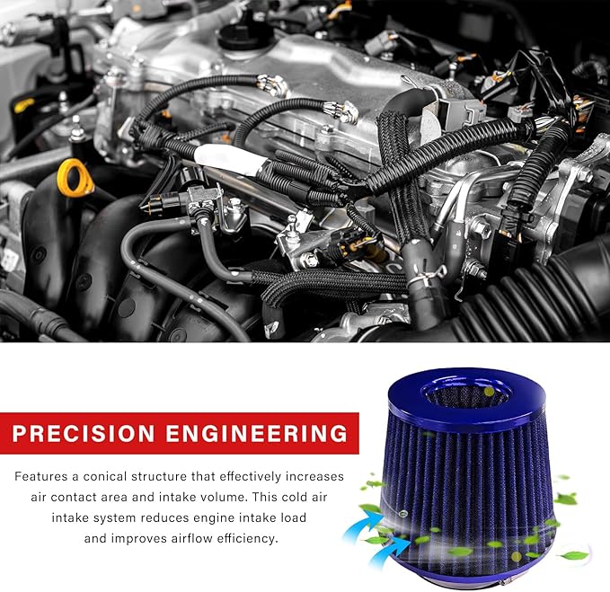 Sun Walker Clamp-on Air Intake Filter, 3/3.5/4 Inch High Flow Round Tapered Air Filter for Enhanced Engine Power, Washable & Reusable Cone Filters Replacement for Car Truck Motorcycle (Blue)