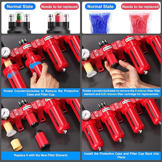TAILONZ PNEUMATIC 0-150PSI 1/4 Inch NPT Red Industrial Grade 4 Stage Air Drying System, Particulate Filter, Coalescing Filter, Double Desiccant Dryer and Air Regulator (Manual Drainage)