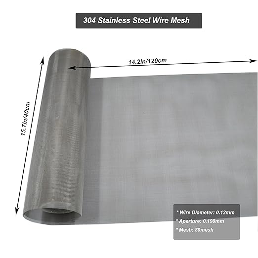 304 Stainless Steel Mesh 80Mesh, 15.7"x47.2"(40x120cm) Metal Mesh Screen, Woven Fine Wire Mesh Easy to Cut for Filter Mesh, Filtration Cloth and DIY Project