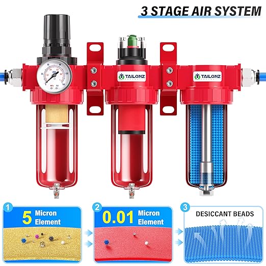 TAILONZ PNEUMATIC 0-150PSI 3/8 Inch NPT Aluminum Alloy Industrial Grade Three Stage Air Drying System, Particulate Filter, Coalescing Filter, Desiccant Dryer and Air Regulator (Manual Drainage)