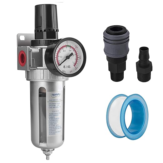 NANPU 3/8" NPT Compressed Air Filter Regulator Combo, Air Filter Pressure Regulator Gauge Kit Water Separator w/Pressure Gauge, 150PSI