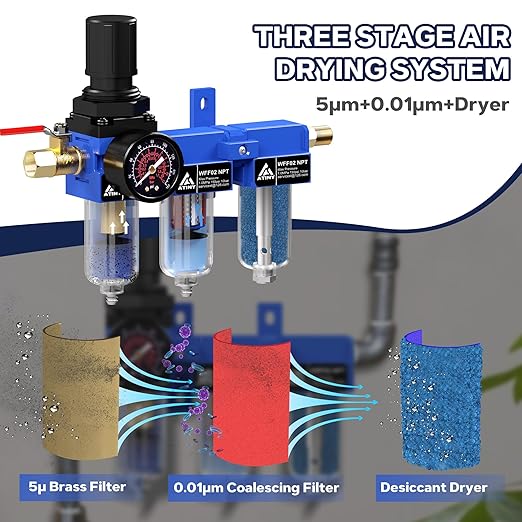 1/4 Inch NPT Three Stage Air Drying System,air Pressure Regulator with 5＆0.01 Micron Filter Cartridge，Desiccant Dryer & Air Regulator, Metal Bowl Manual Drainage-Blue