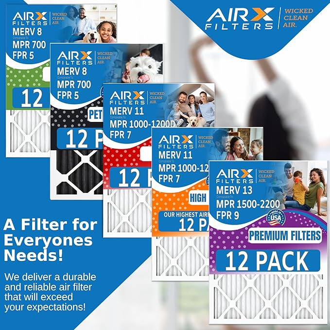 10x10x1 Air Filter MERV 11 Rating, 12 Pack of Furnace Filters Comparable to MPR 1000, MPR 1200 & FPR 7 - Made in USA by AIRX FILTERS WICKED CLEAN AIR.