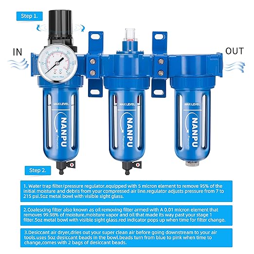 NANPU Zinc Alloy 3 Stage Air System - Particulate Filter, Coalescing Filter, Desiccant Dryer & Air Regulator, Poly Bowl, Manual Drain, Mid Flow, Suitable for Paint Spray & Plasma Cutter (1/4" NPT)