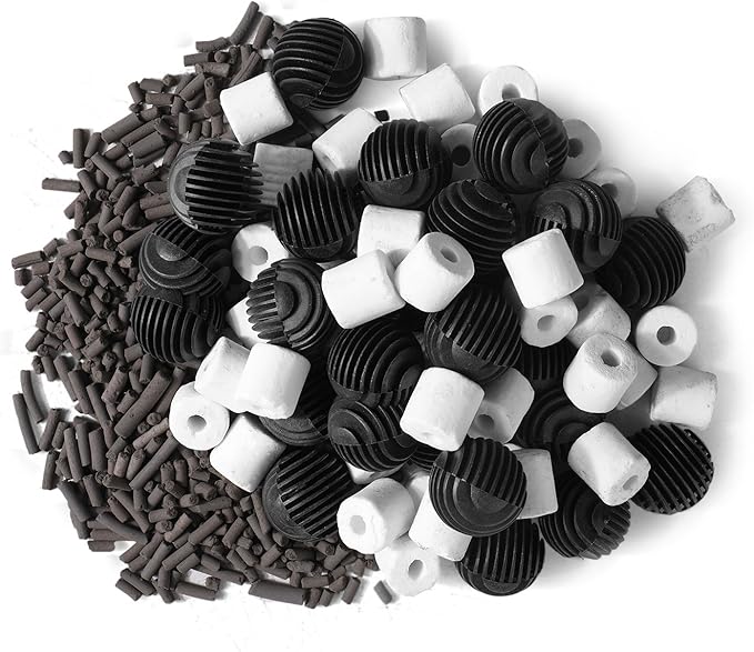 Flexzion Fish Tank Filter Media - Bio Balls for Aquarium Filter, Ceramic Rings & Activated Carbon Pellets in Mesh Bags - Biological, Chemical, & Mechanical Filtration Fresh & Saltwater Aquarium, 2 Set