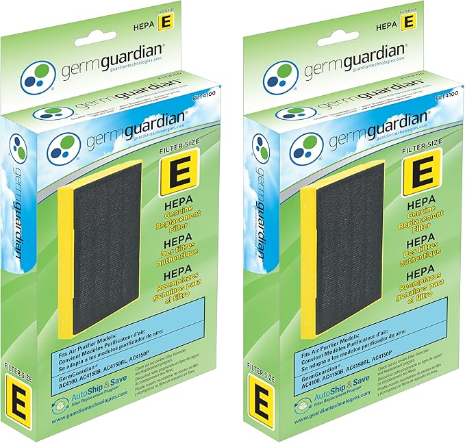 GermGuardian Filter E HEPA Pure Genuine Air Purifier Replacement Filter, Removes 99.97% of Pollutants, for AC4100, AC4100CA AC4150BL, AC4150PCA Air Purifiers, 2-Pack, Black, FLT41002PK