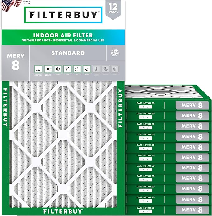 Filterbuy 11.5x19.5x1 Air Filter MERV 8 Essential Dust & Allergy Defense (12-Pack), Electrostatic Pleated HVAC AC Furnace Filters Replacement, Made in USA (Actual Size: 11.50 x 19.50 x 0.75)