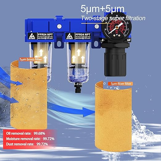 1/2" NPT Air Dryer System,Air Compressor Filter Dryer,5 and 5 Micron Filter Cartridge,Semi-Auto Drain, Metal Bracket-Blue
