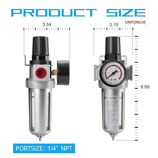 NANPU 1/4" NPT Compressed Air Filter Regulator Combo, Air Filter Pressure Regulator Gauge Kit Water Separator w/Pressure Gauge, 150PSI