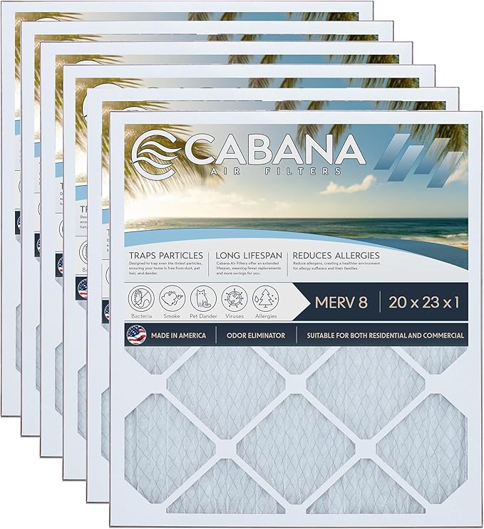Cabana Filters 6-Pack 20x23x1 MERV 8 AC Furnace Air Filter for Home and Office - Indoor HVAC System Filtration Replacement, Captures Unwanted Particles