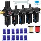 NEWPO 3/8" NPT 5 Stage Air Dryer for Compressor,Air Pressure Regulator with 5＆0.01 Micron Filter Cartridge,Triple Desiccant Dryer & Air Drying System,Semi-Auto Drain (Black)